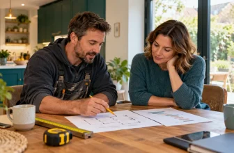 Tradesperson and homeowner reviewing a project scope together at a kitchen table