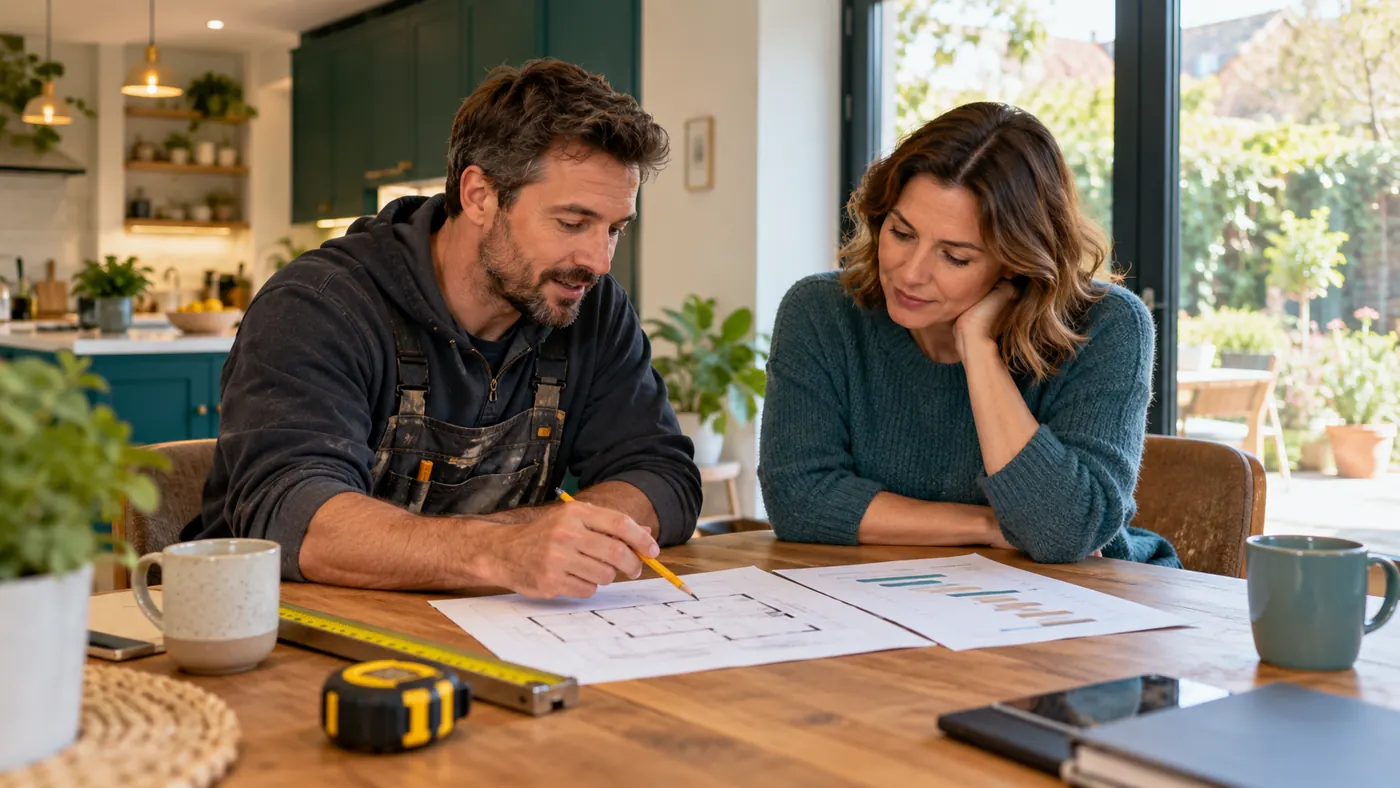 Tradesperson and homeowner reviewing a project scope together at a kitchen table